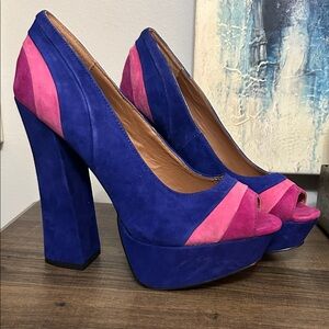Steve Madden Blue and Pink Suede Platform Peep-Toe Pumps